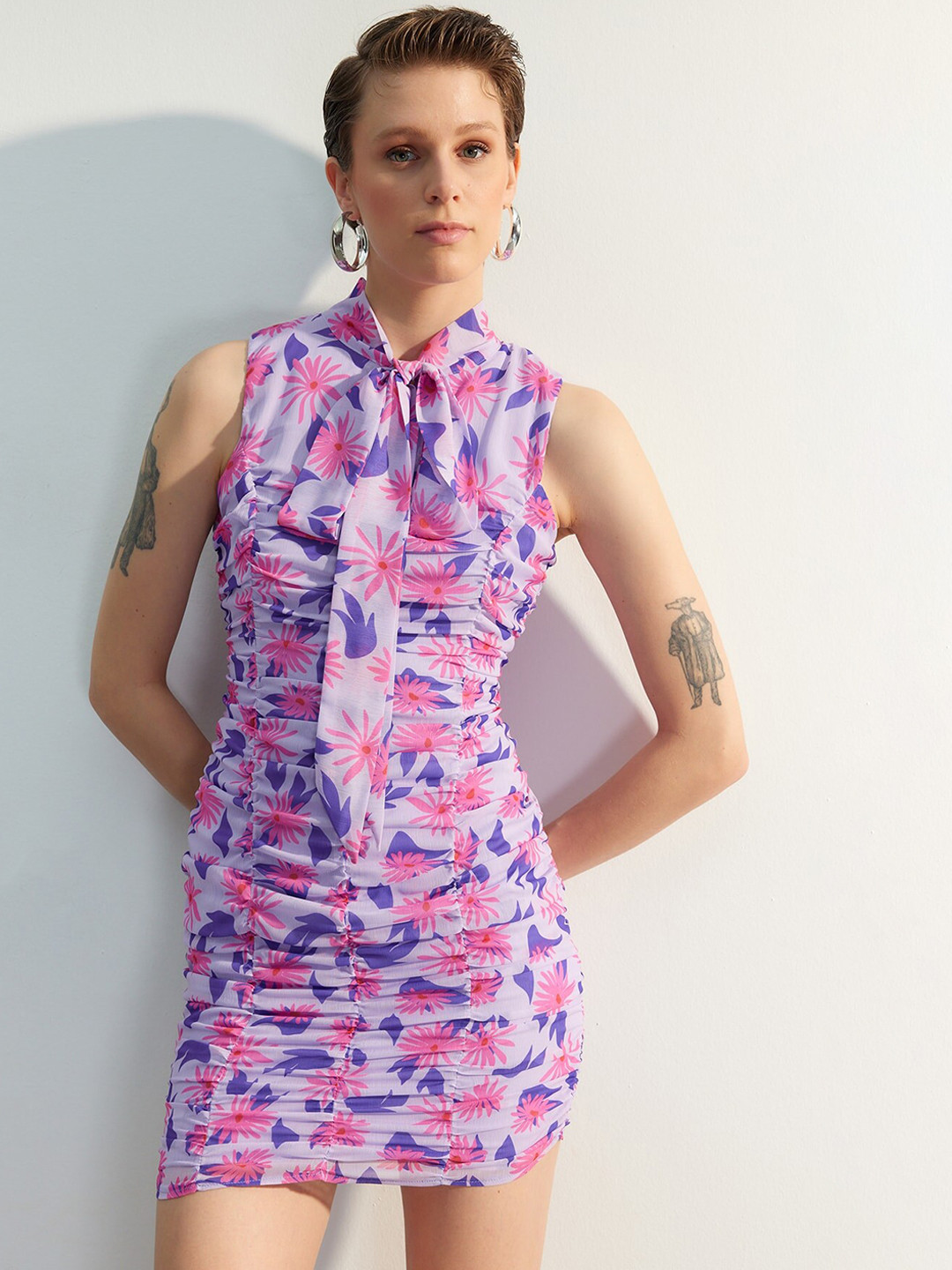 

Trendyol Floral Printed Tie-Up Neck Ruched Bodycon Mini Dress, Purple