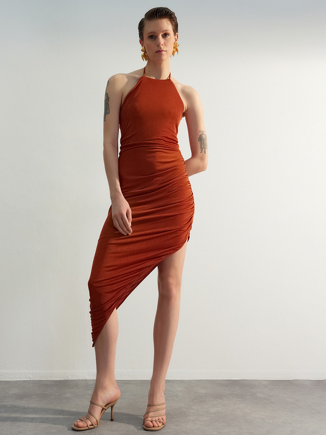 

Trendyol Halter Neck Ruched Bodycon Dress, Brown