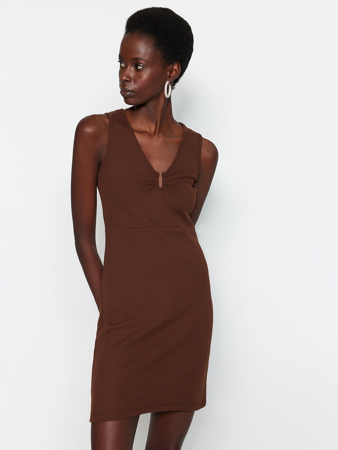 

Trendyol Ribbed Sleeveless Pure Cotton Sheath Dress, Brown