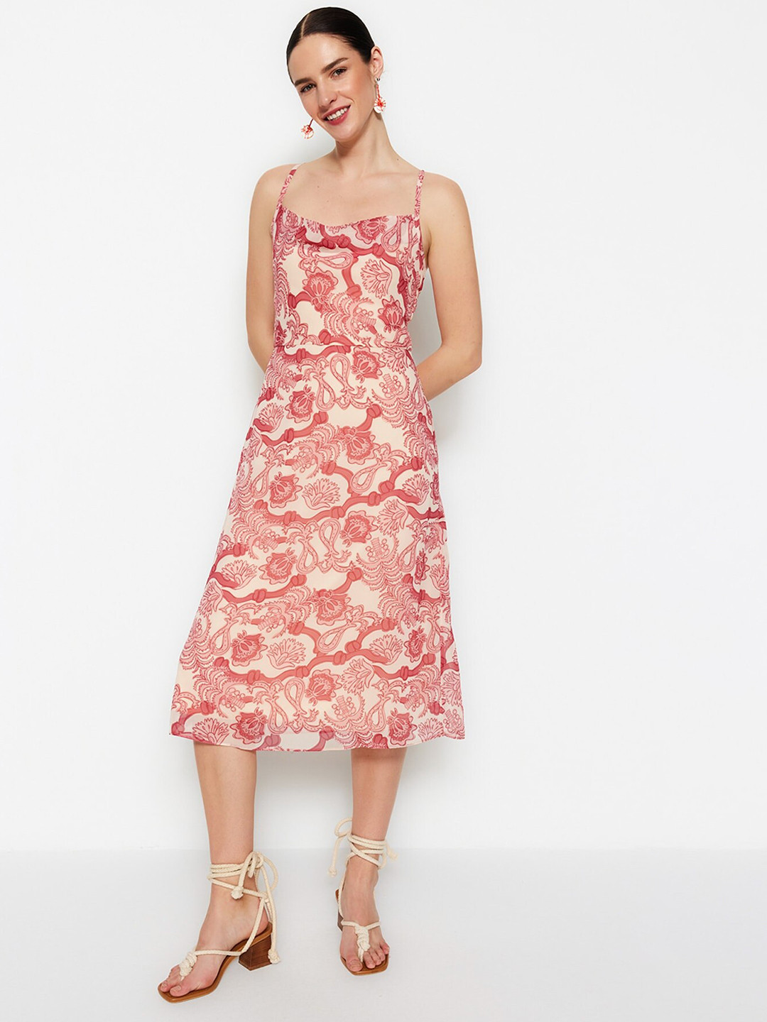 

Trendyol Abstract Printed Sleeveless A-Line Midi Dress, Cream