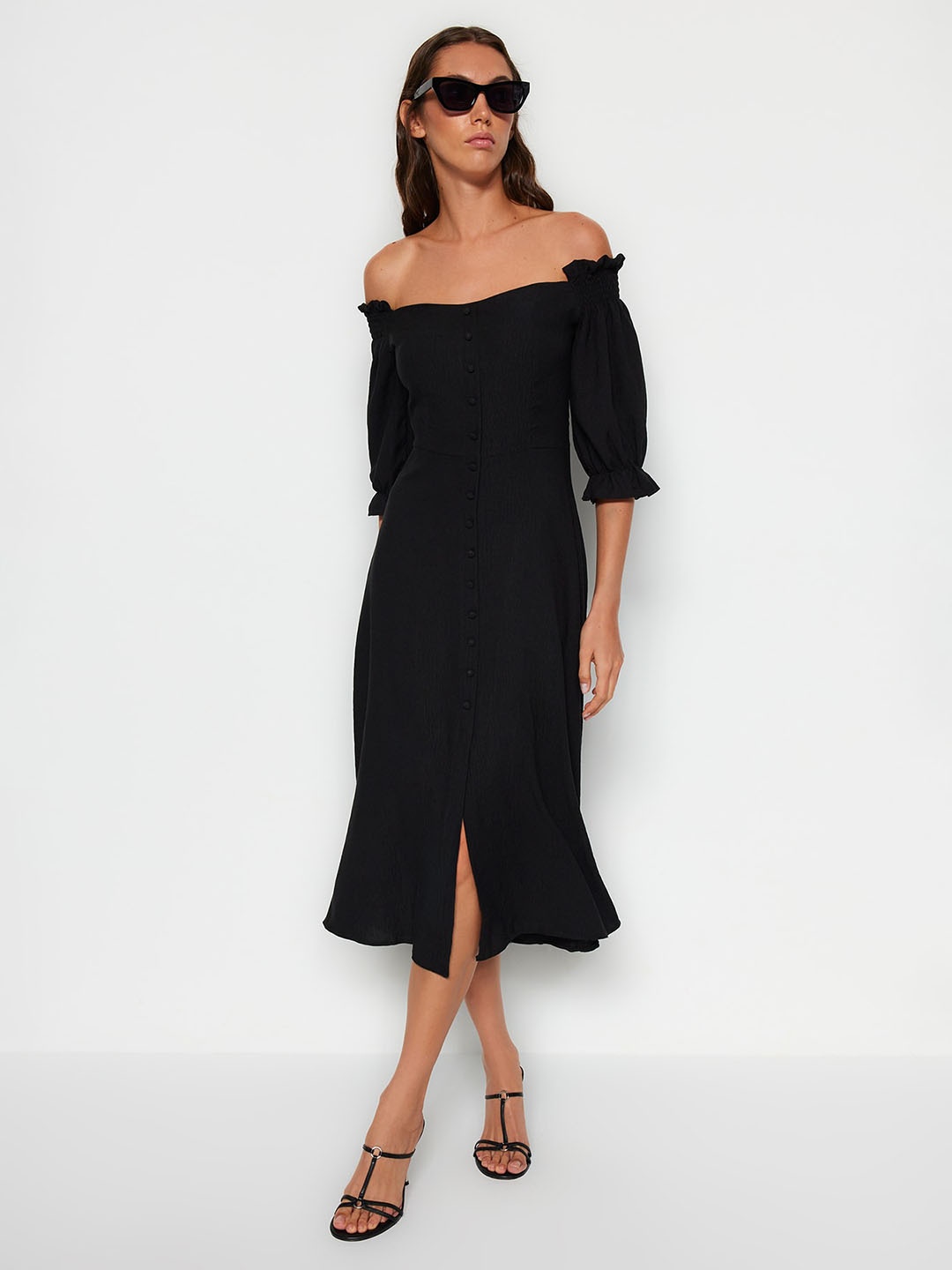 

Trendyol Off-Shoulder Puff Sleeves A-line Midi Dress, Black