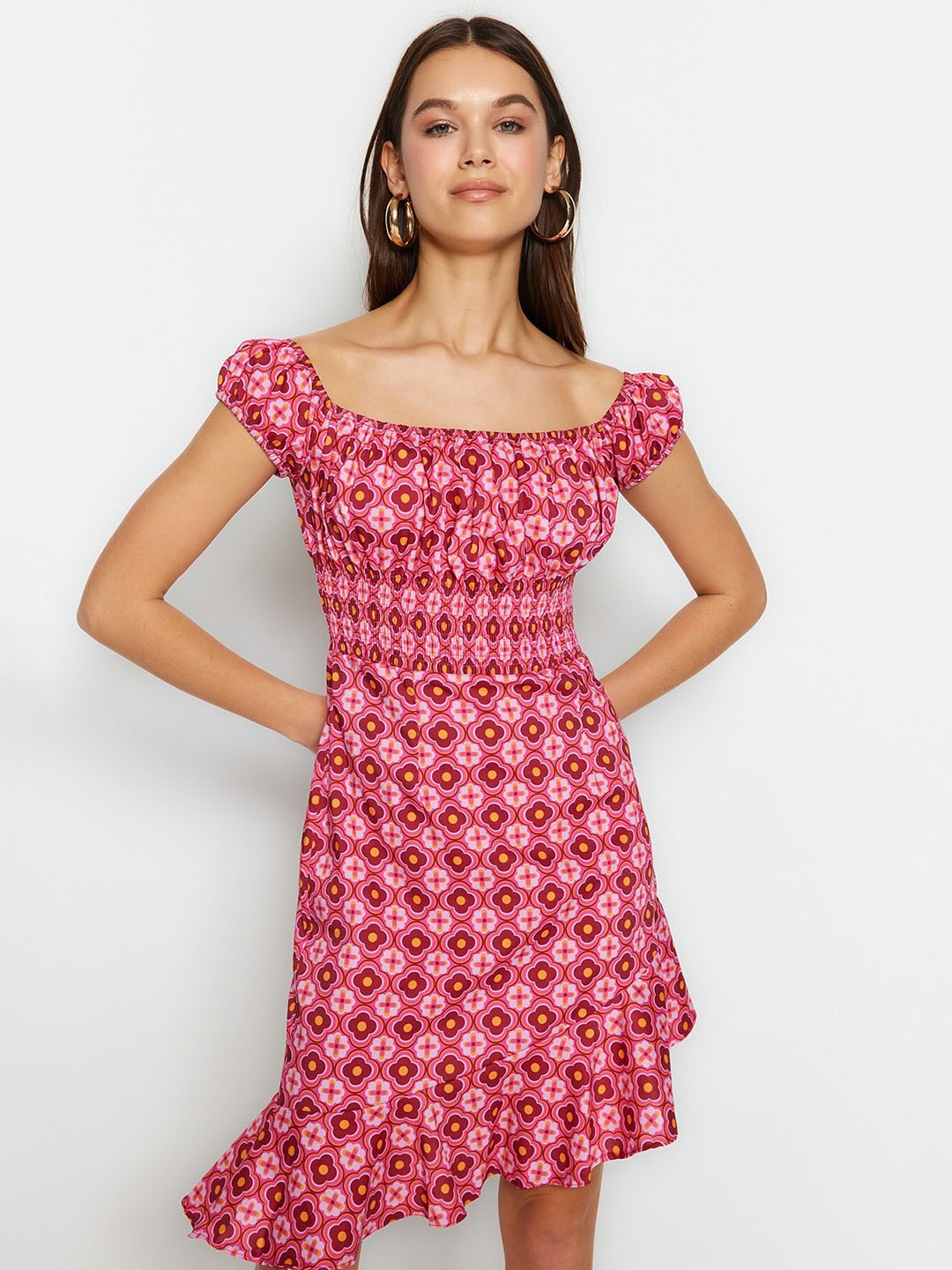 

Trendyol Floral Printed Off-Shoulder Smocked Empire Dress, Pink