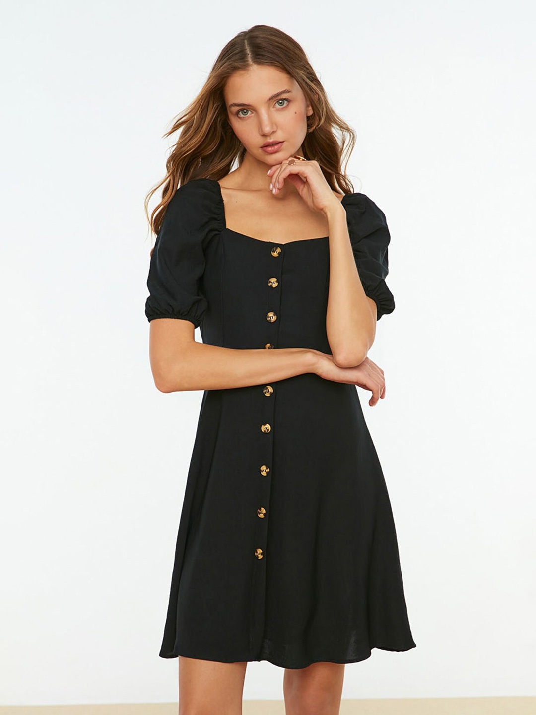 

Trendyol Square Neck Puff Sleeves Fit & Flare Dress, Blue