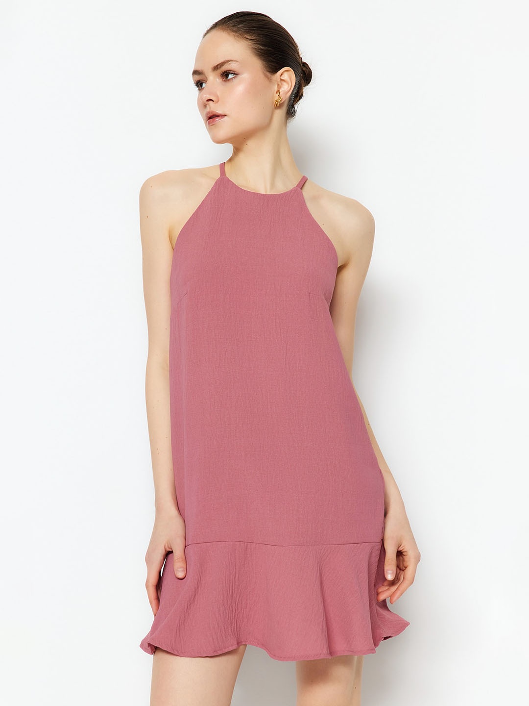 

Trendyol Choker Neck Flounce Drop-Waist Dress, Pink