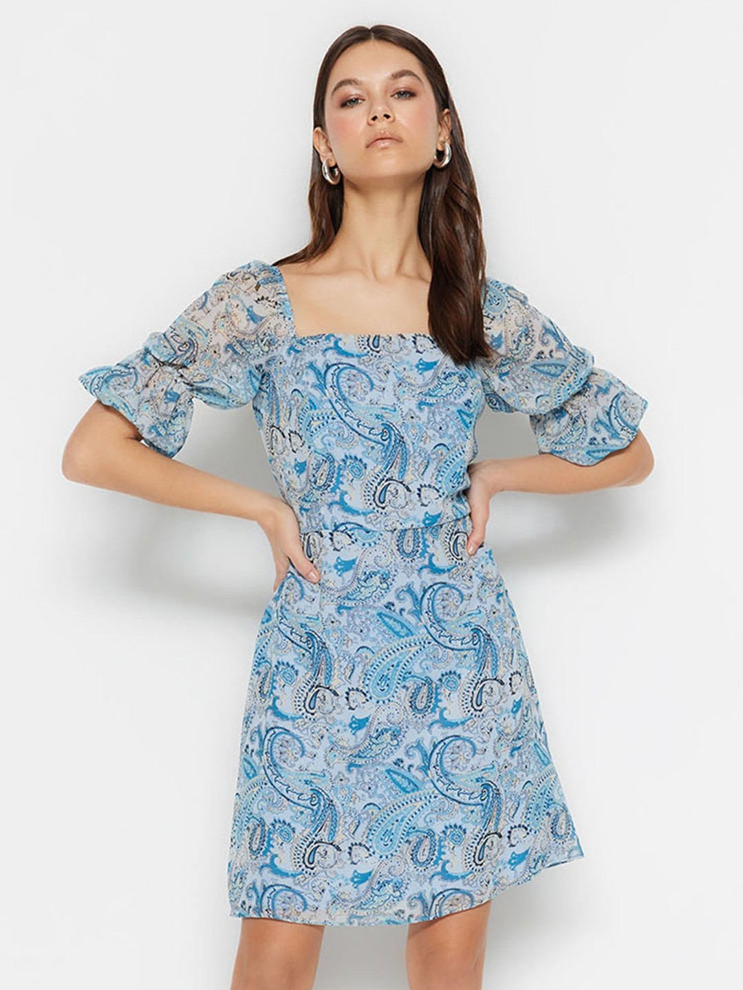 

Trendyol Ethnic Motifs Printed Square Neck Puff Sleeves A-Line Mini Dress, Blue