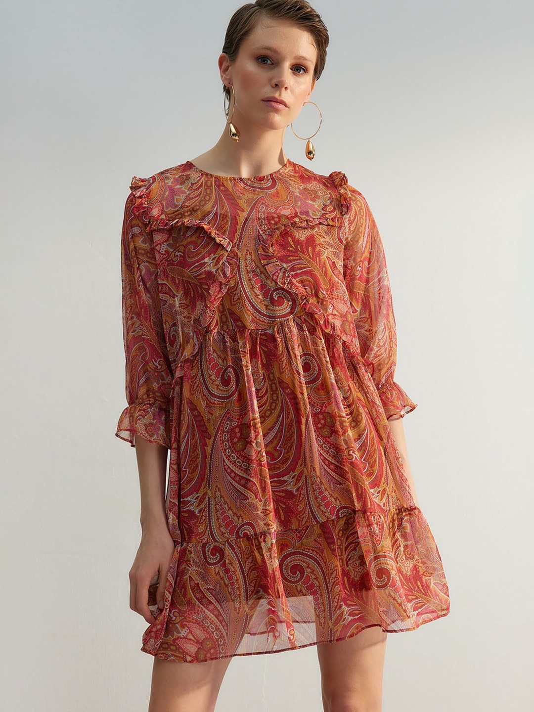 

Trendyol Ethnic Motifs Print Tie-Up Neck Bell Sleeve A-Line Dress, Rust