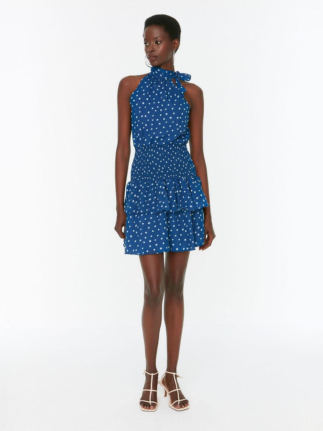 

Trendyol Polka Dot Printed Halter Neck Fit & Flare Mini Dress, Blue