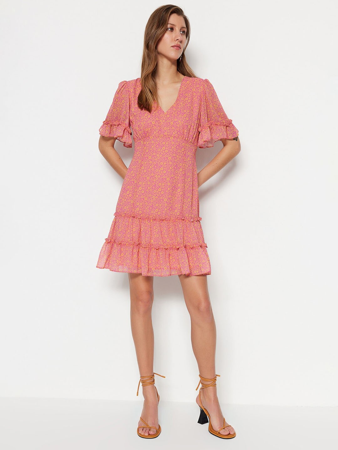 

Trendyol Floral Printed V-Neck Flutter Sleeve Ruffled Empire Dress, Pink