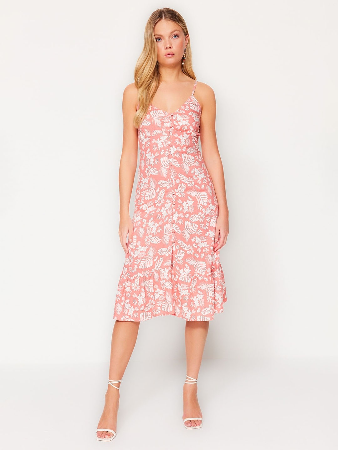 

Trendyol Floral Printed Sleeveless A-Line Midi Dress, Peach