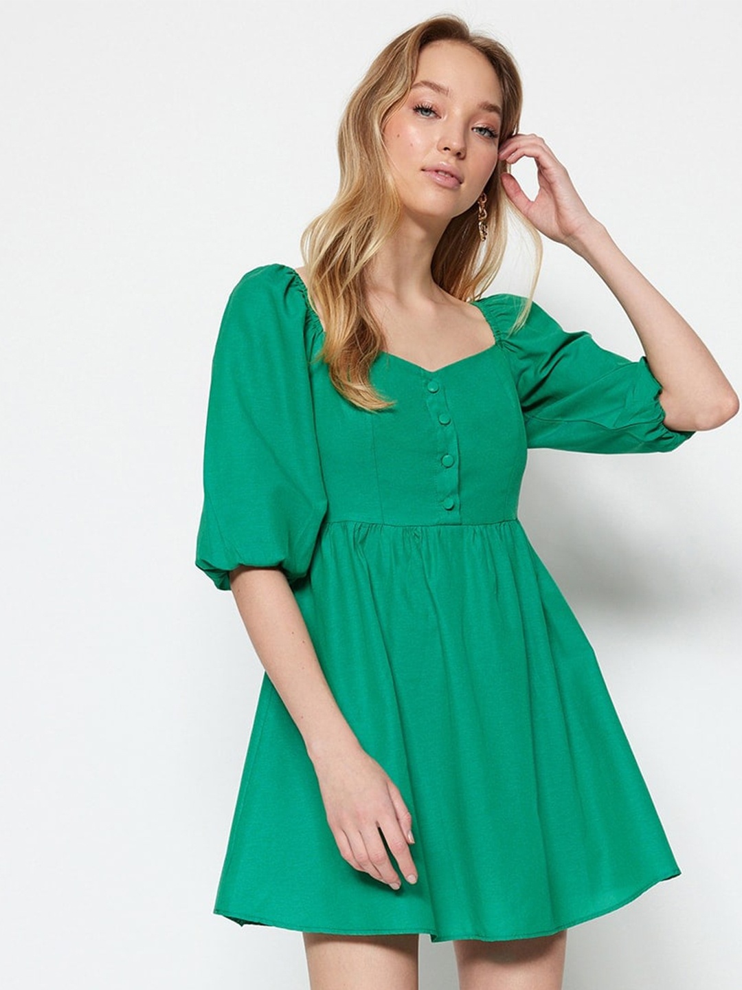 

Trendyol V-Neck Puff Sleeve Fit & Flare Mini Dress, Green