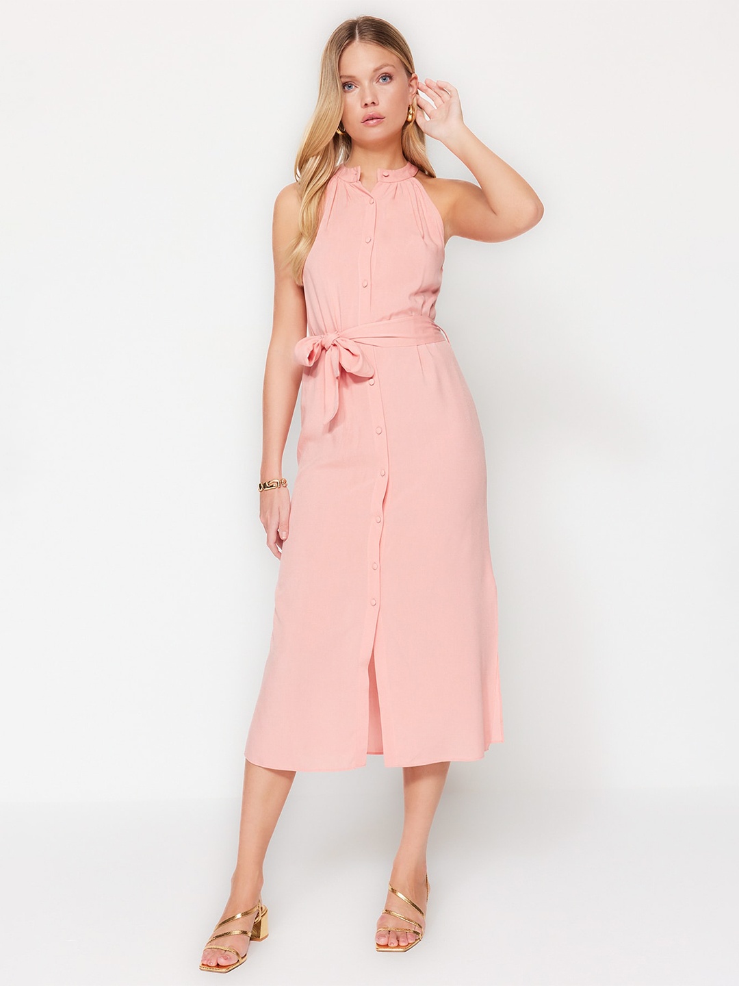 

Trendyol Halter Neck Belted Shirt Midi Dress, Peach