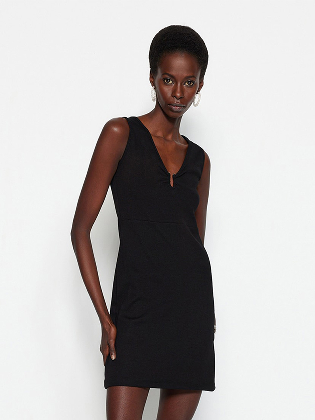 

Trendyol V-Neck Sleeveless Sheath Mini Pure Cotton Dress, Black
