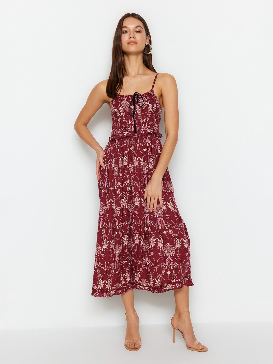 

Trendyol Floral Printed Shoulder Straps Fit & Flare Midi Dress, Maroon