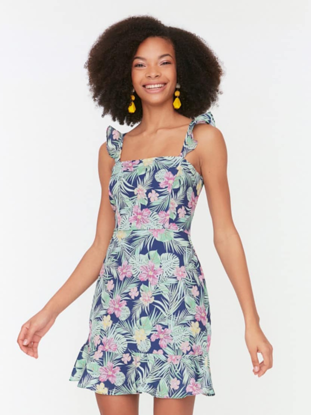 

Trendyol Tropical Printed Shoulder Straps Ruffled Fit & Flare Dress, Navy blue