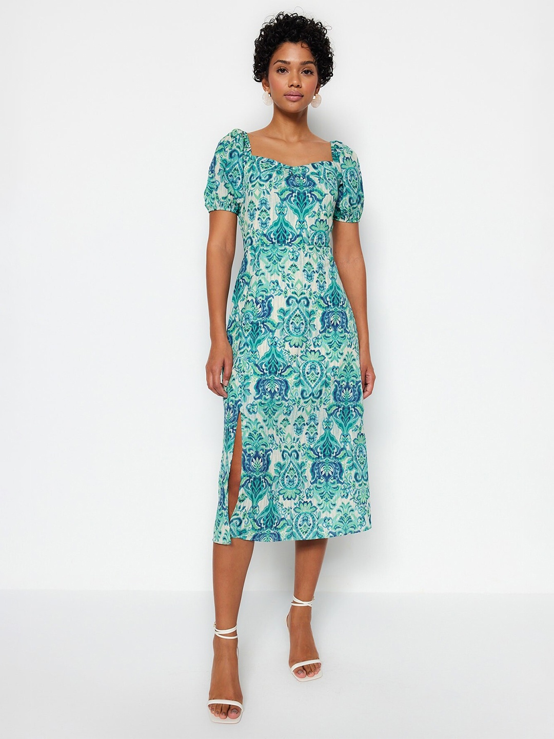 

Trendyol Ethnic Motifs Print Puff Sleeve A-Line Midi Dress, Sea green