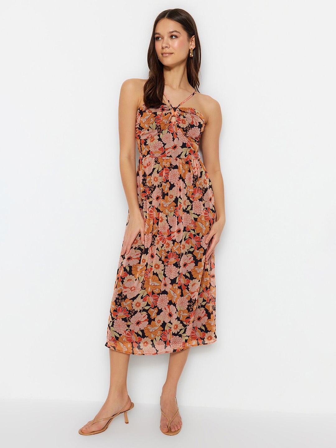 

Trendyol Floral Print Fit & Flare Midi Dress, Black