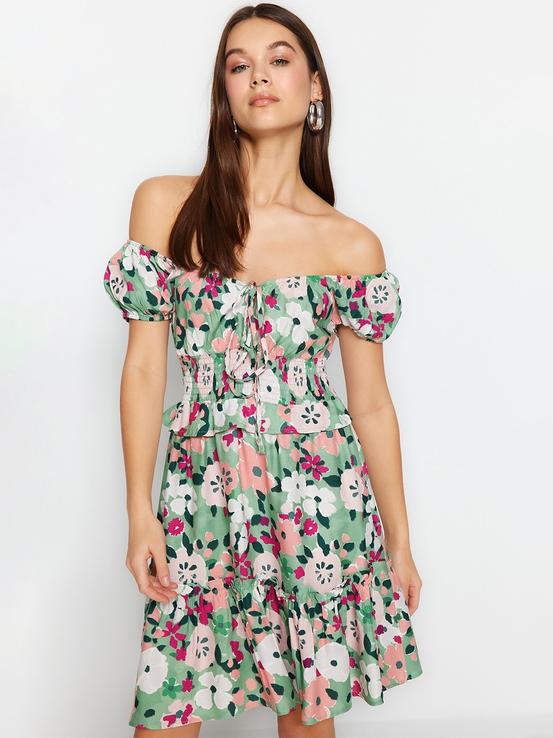 

Trendyol Floral Printed Off-Shoulder Puff Sleeve Fit & Flare Dress, Olive