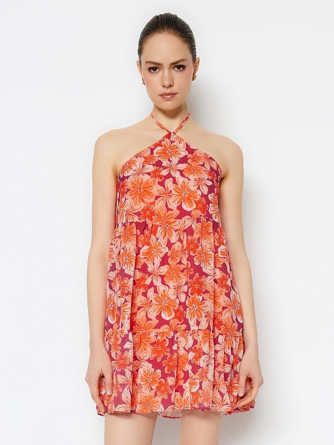 

Trendyol Floral Printed Tie Up Neck A-Line Mini Dress, Maroon
