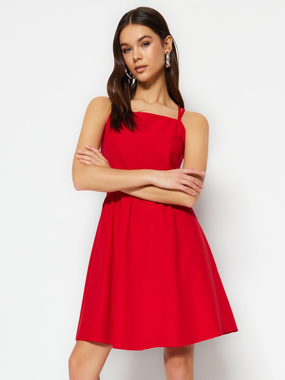 

Trendyol Shoulder Straps Gathered Fit & Flare Dress, Red