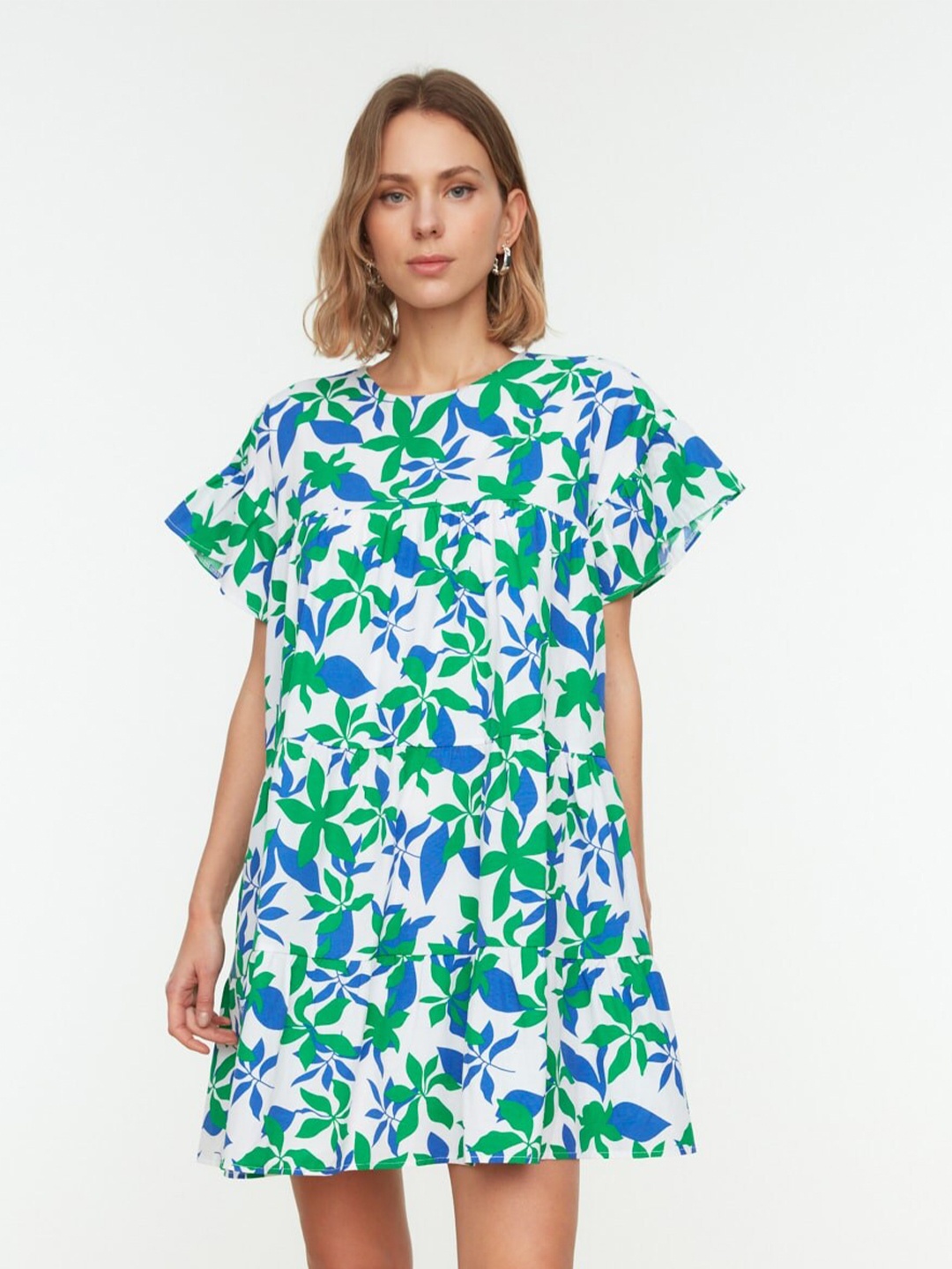 

Trendyol Floral Printed Flutter Sleeve A-Line Above Knee Length Dress, White
