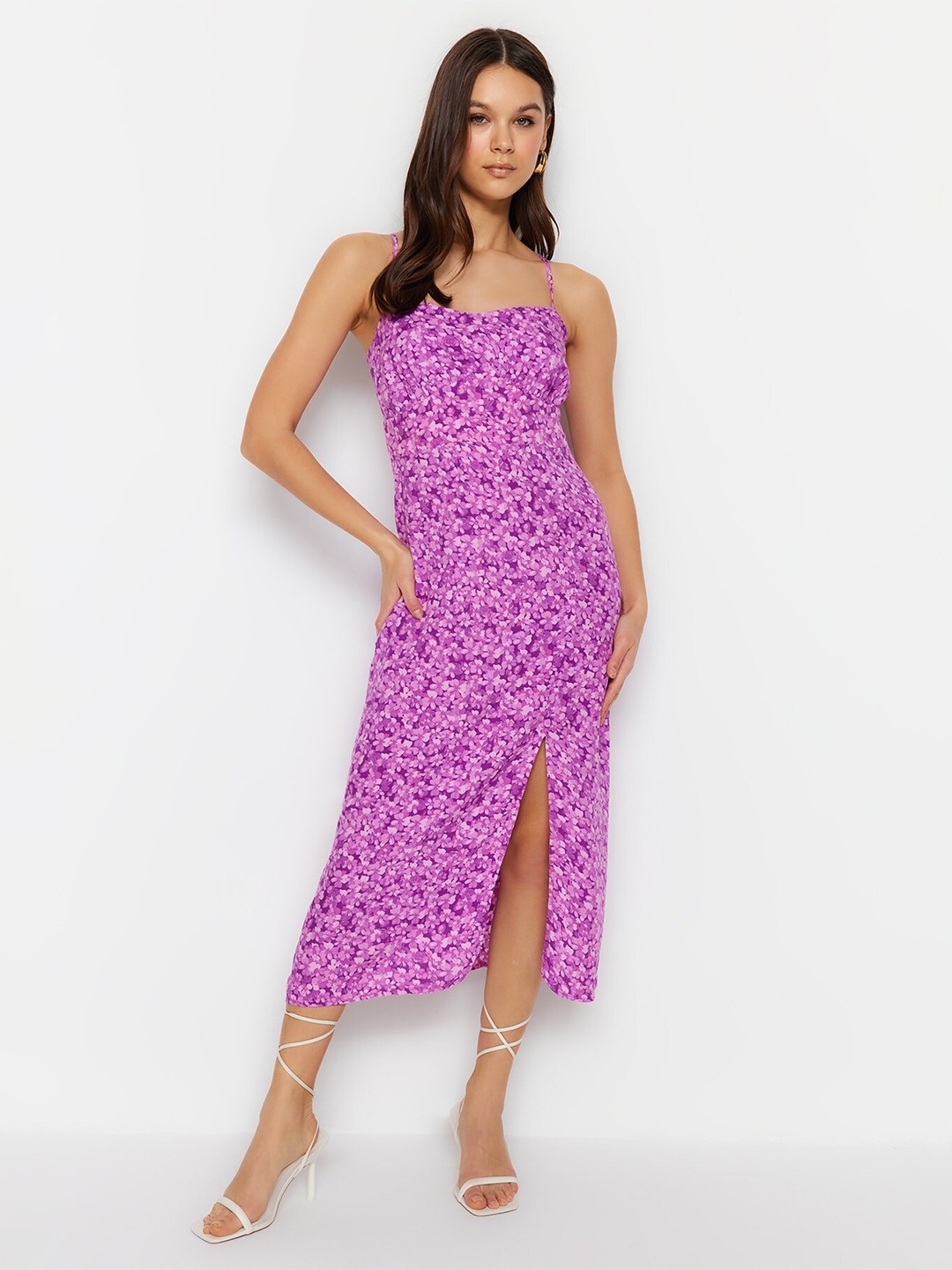 

Trendyol Floral Printed Shoulder Straps Tie-Ups Detail A-Line Midi Dress, Purple