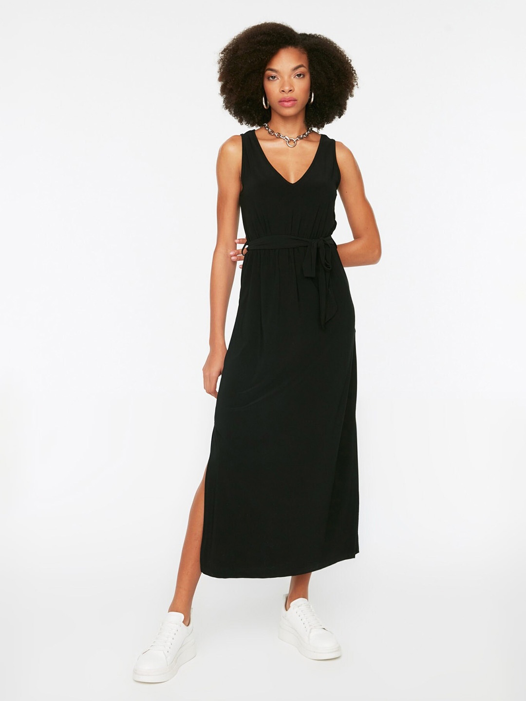 

Trendyol V-Neck Belted Side Slit Midi Sheath Dress, Black