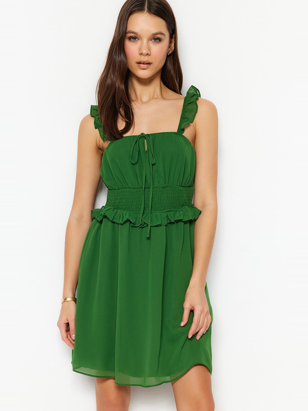

Trendyol Shoulder Straps Smocked Fit & Flare Dress, Green
