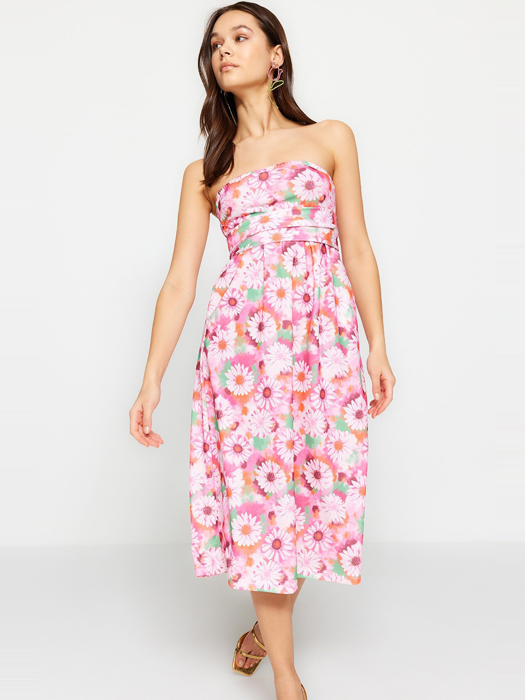 

Trendyol Strapless Floral Print Fit & Flare Midi Dress, Pink