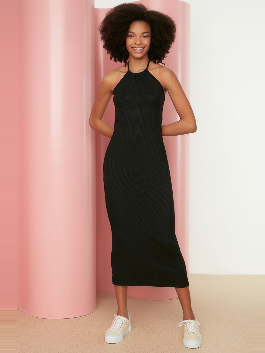 

Trendyol Ribbed Halter Neck Sheath Midi Dress, Black