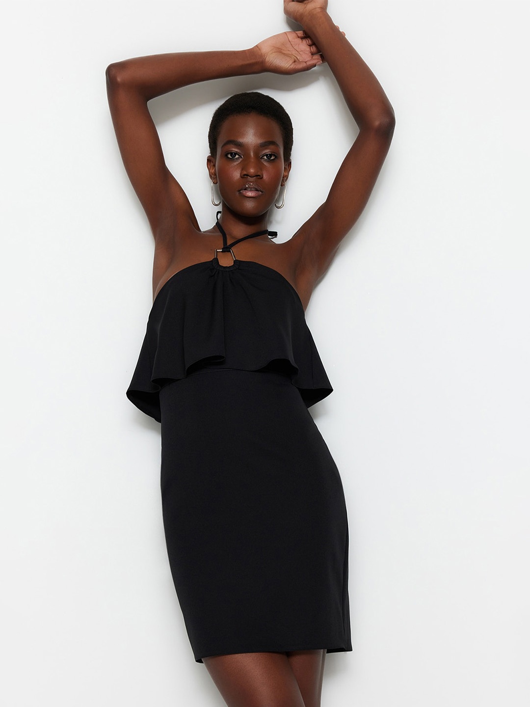 

Trendyol Halter Neck Ruffles Sheath Dress, Black