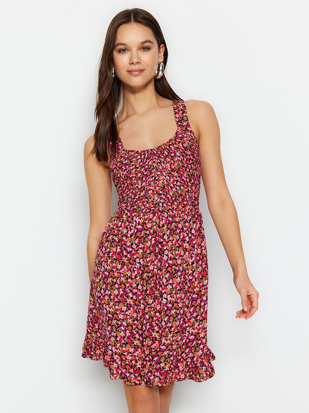 

Trendyol Floral Printed Tie-Ups Fit & Flare Dress, Pink