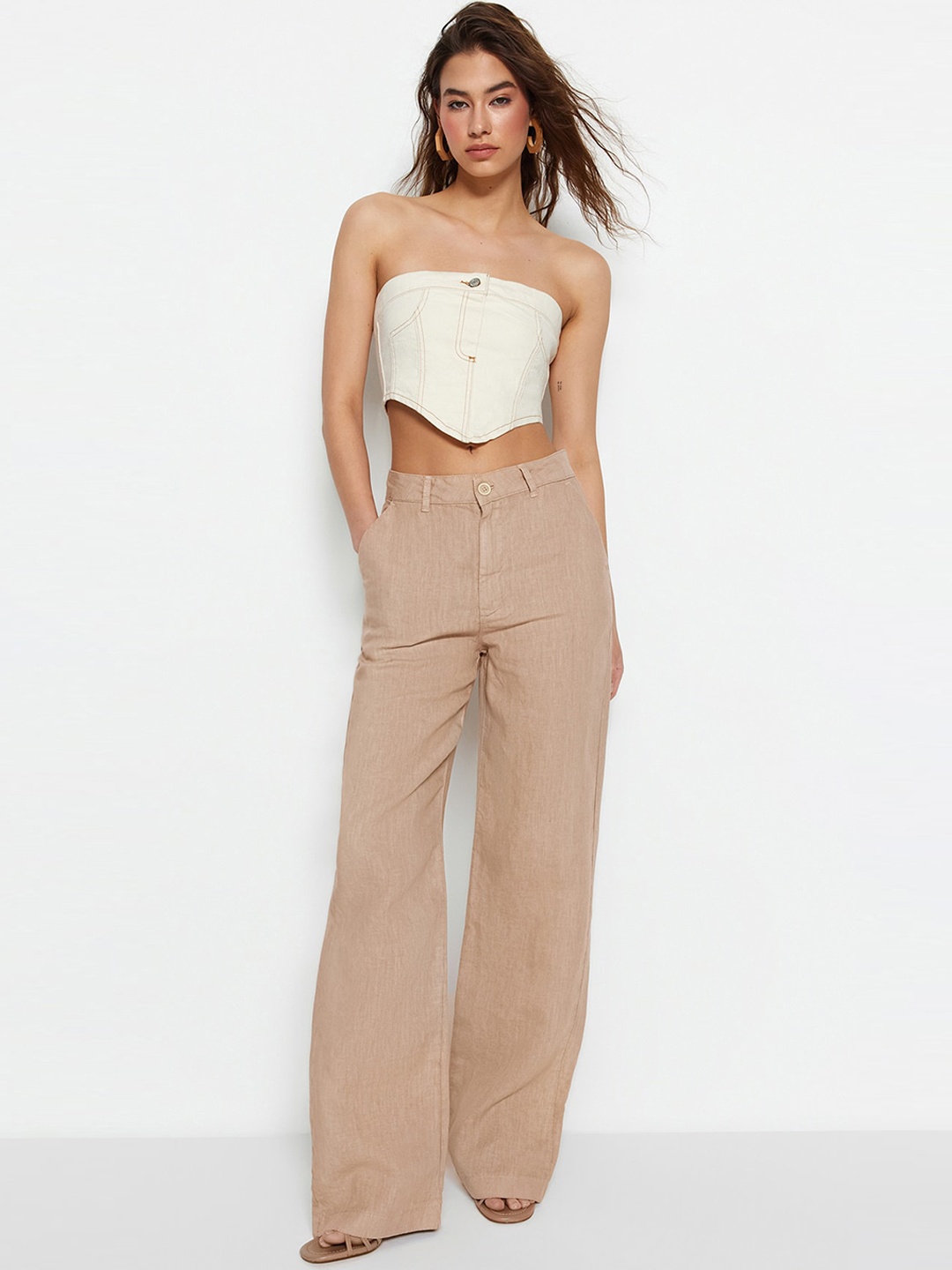 

Trendyol Women Wide Leg Clean Look Linen Jeans, Coffee brown