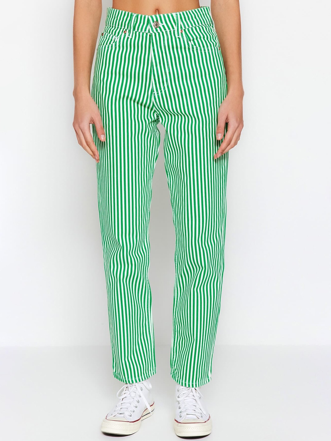 

Trendyol Women Striped Mid-Rise Comfort Jeans, Green
