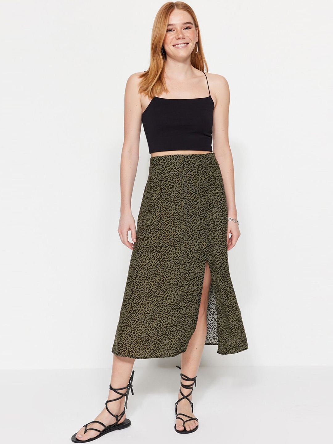 

Trendyol Animal Printed Midi A-Line Skirt, Olive