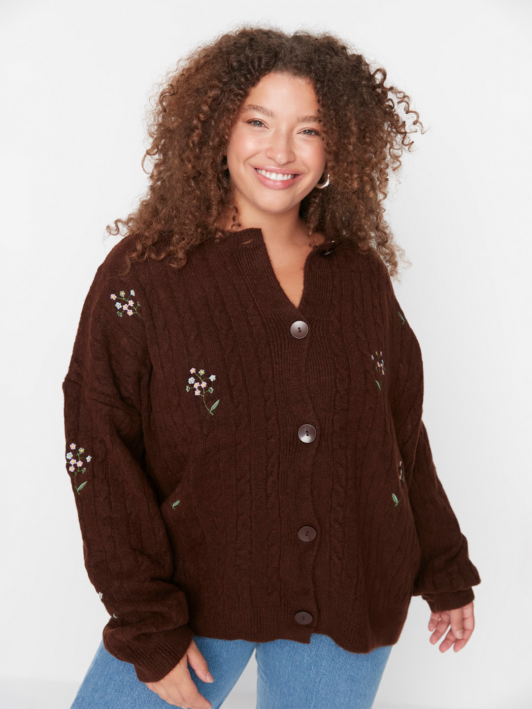 

Trendyol Cable Knit Embroidered Cardigan Sweater, Brown