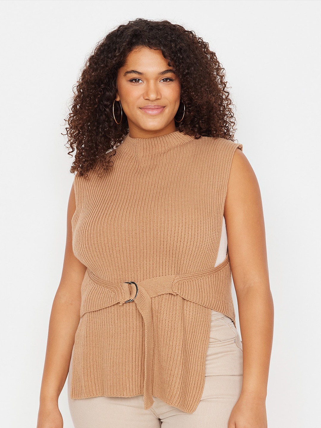 

Trendyol Ribbed Belted Acrylic Sweater Vest, Camel brown