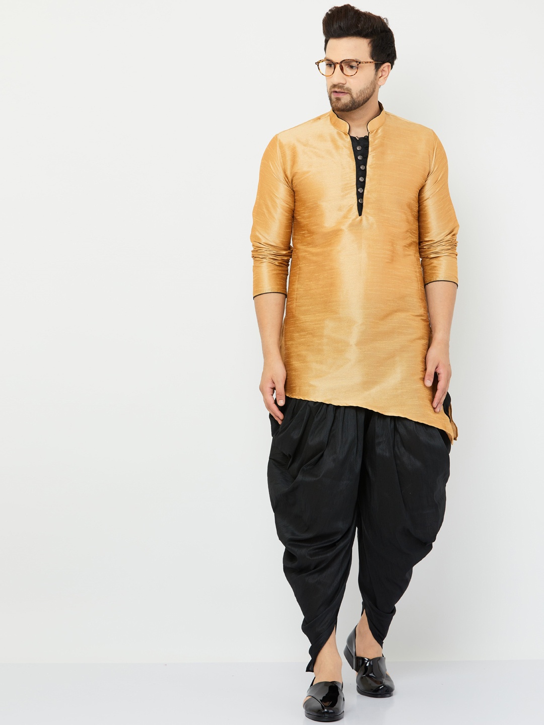 

Armaan Ethnic Asymmetric Dupion Silk Kurta With Dhoti Pants, Gold