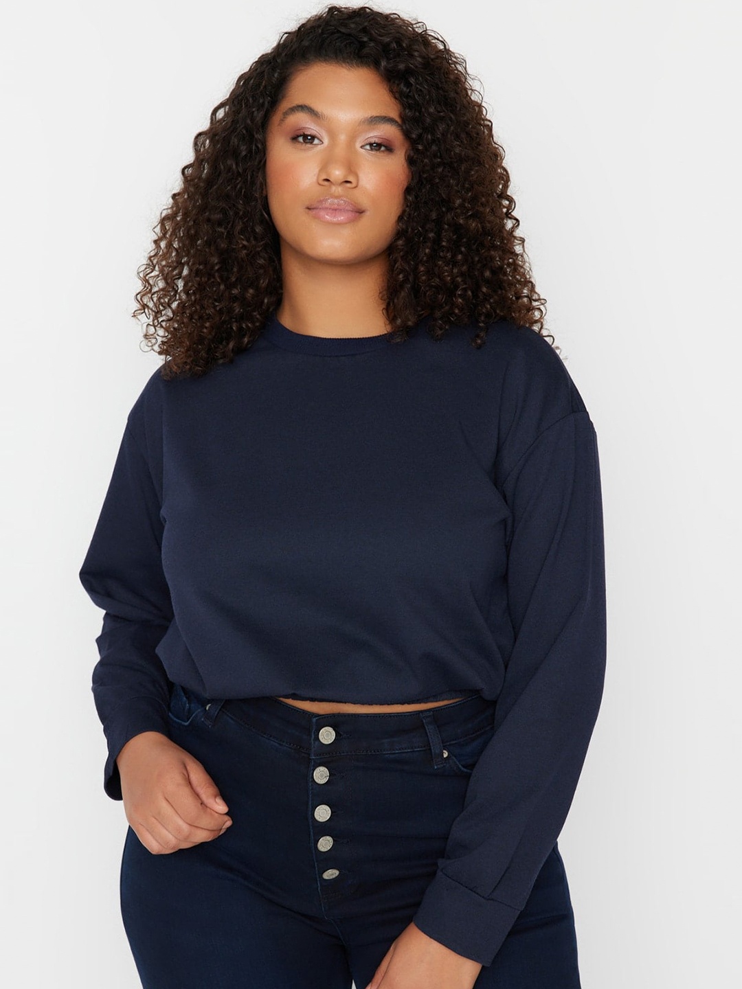 

Trendyol Plus Size Drop-Shoulder Cropped Pullover Sweatshirt, Navy blue