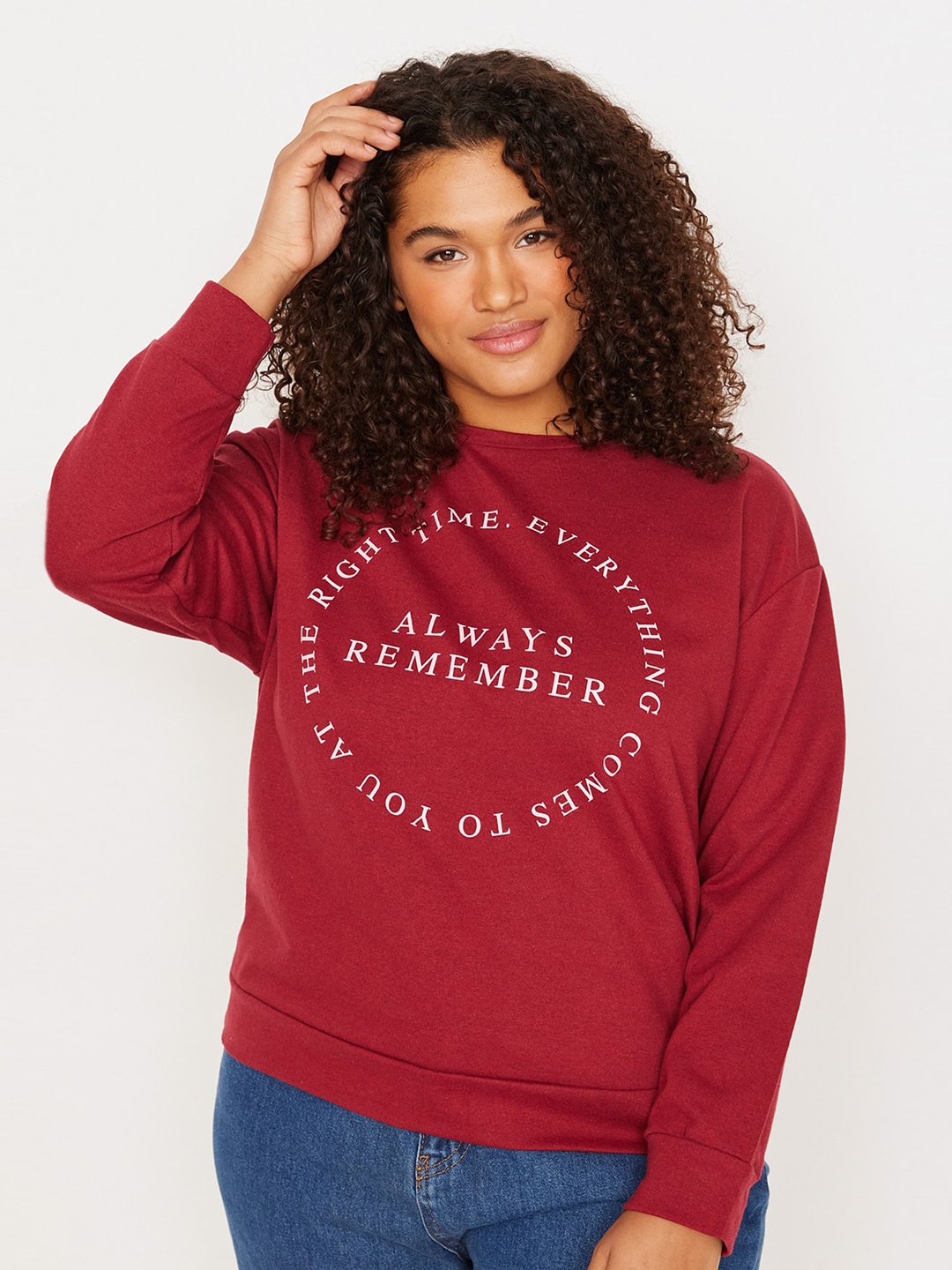 

Trendyol Plus Size Long Sleeves Typography Printed Pullover, Maroon