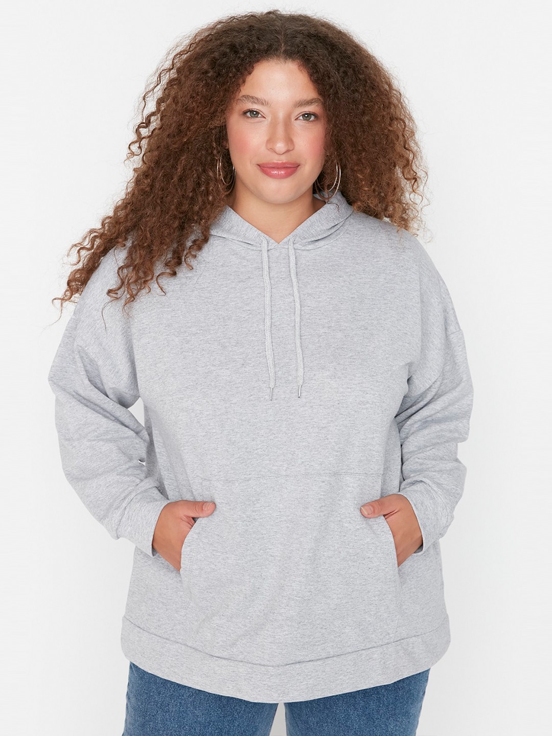 

Trendyol Plus Size Long Sleeves Hooded Pullover, Grey melange