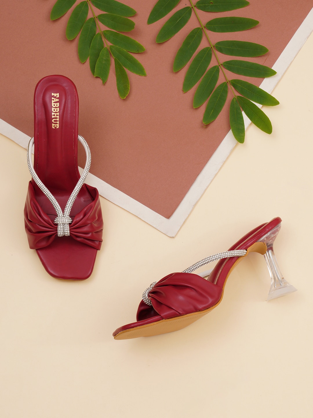 

FABBHUE Embellished Open Toe Block Heels, Red