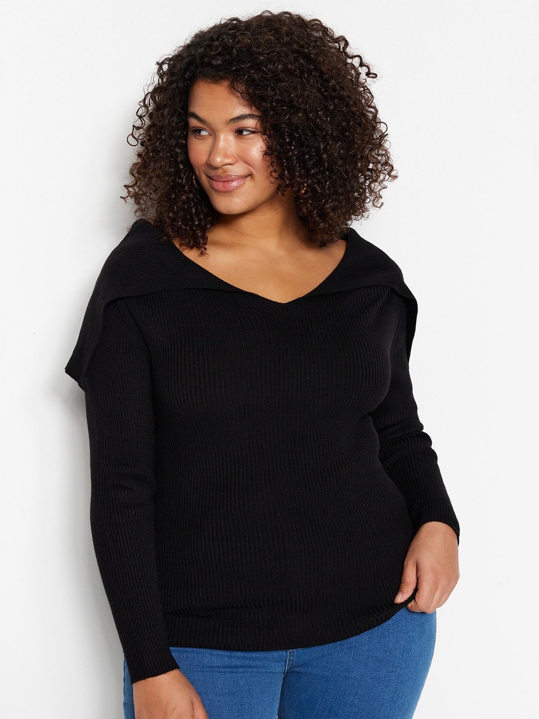 

Trendyol Self Design Shawl Collar Ribbed Cotton Regular Top, Na