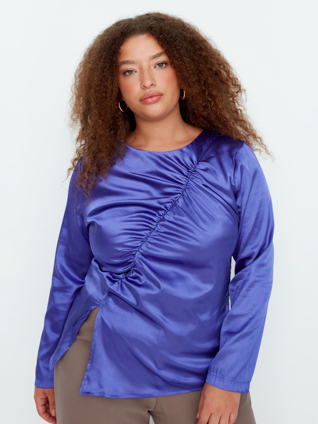 

Trendyol Plus Size Round Neck Gathers Ruched Top, Blue