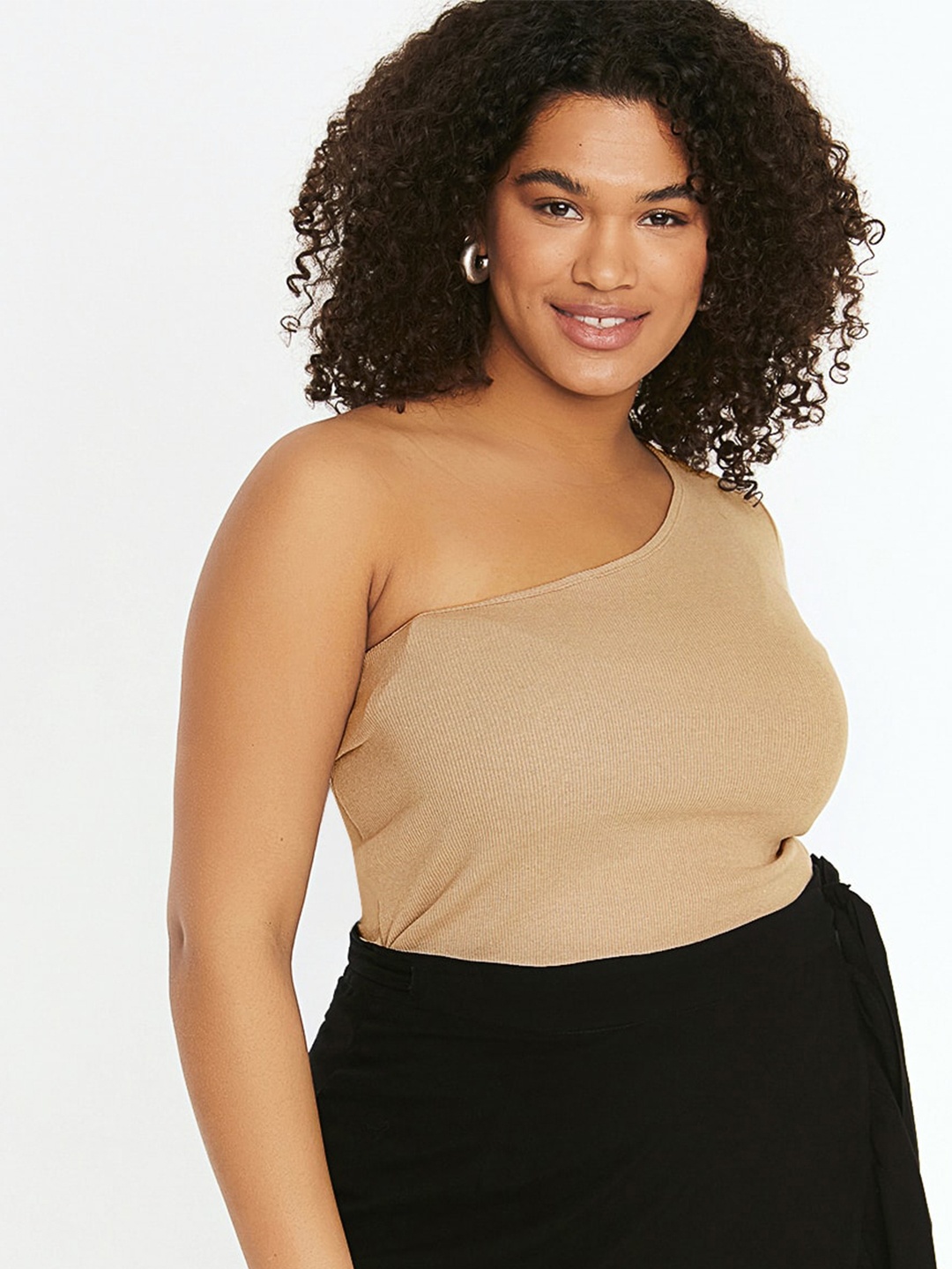 

Trendyol Self Design One Shoulder Ribbed Fitted Regular Top, Beige