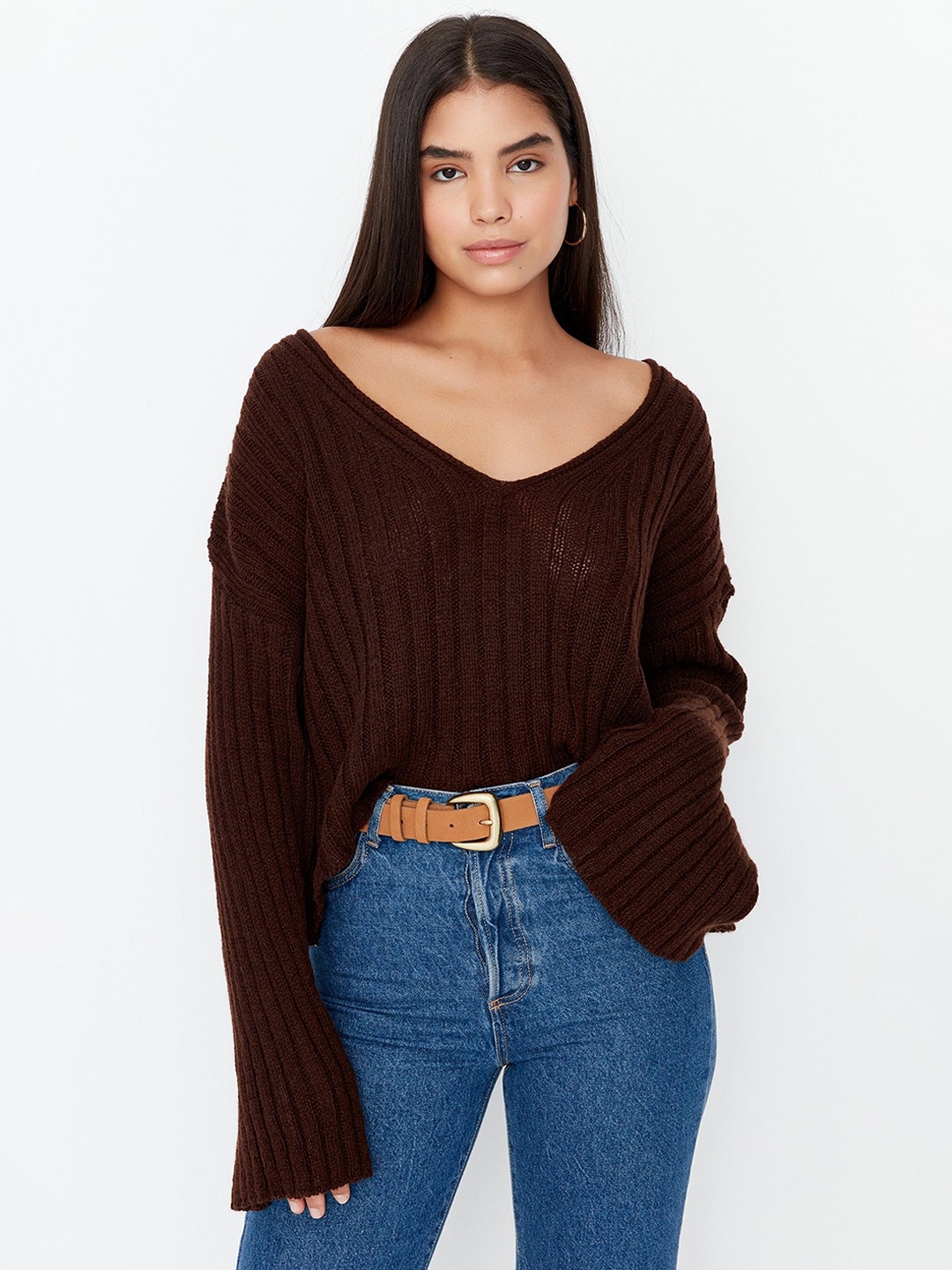 

Trendyol Ribbed Woollen Sweater, Brown