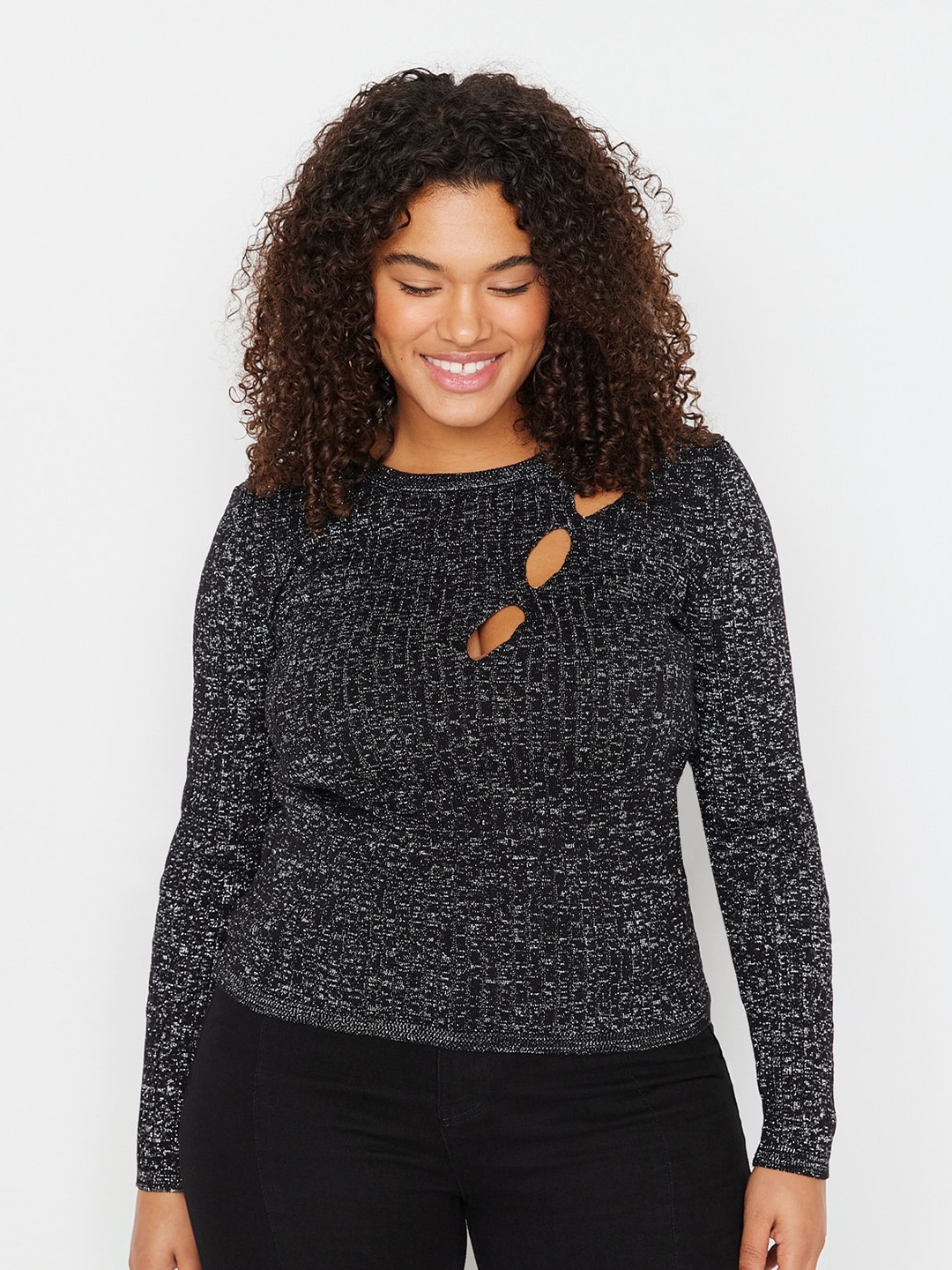 

Trendyol Self Design Cut Outs Detail Fitted Top, Black