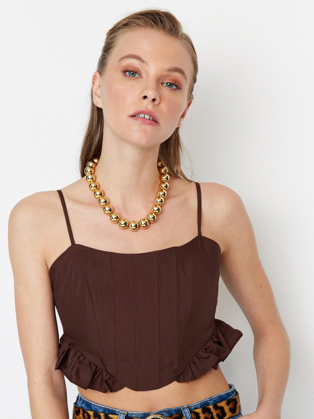 

Trendyol Shoulder Straps Ruffles Crop Bralette Top, Brown