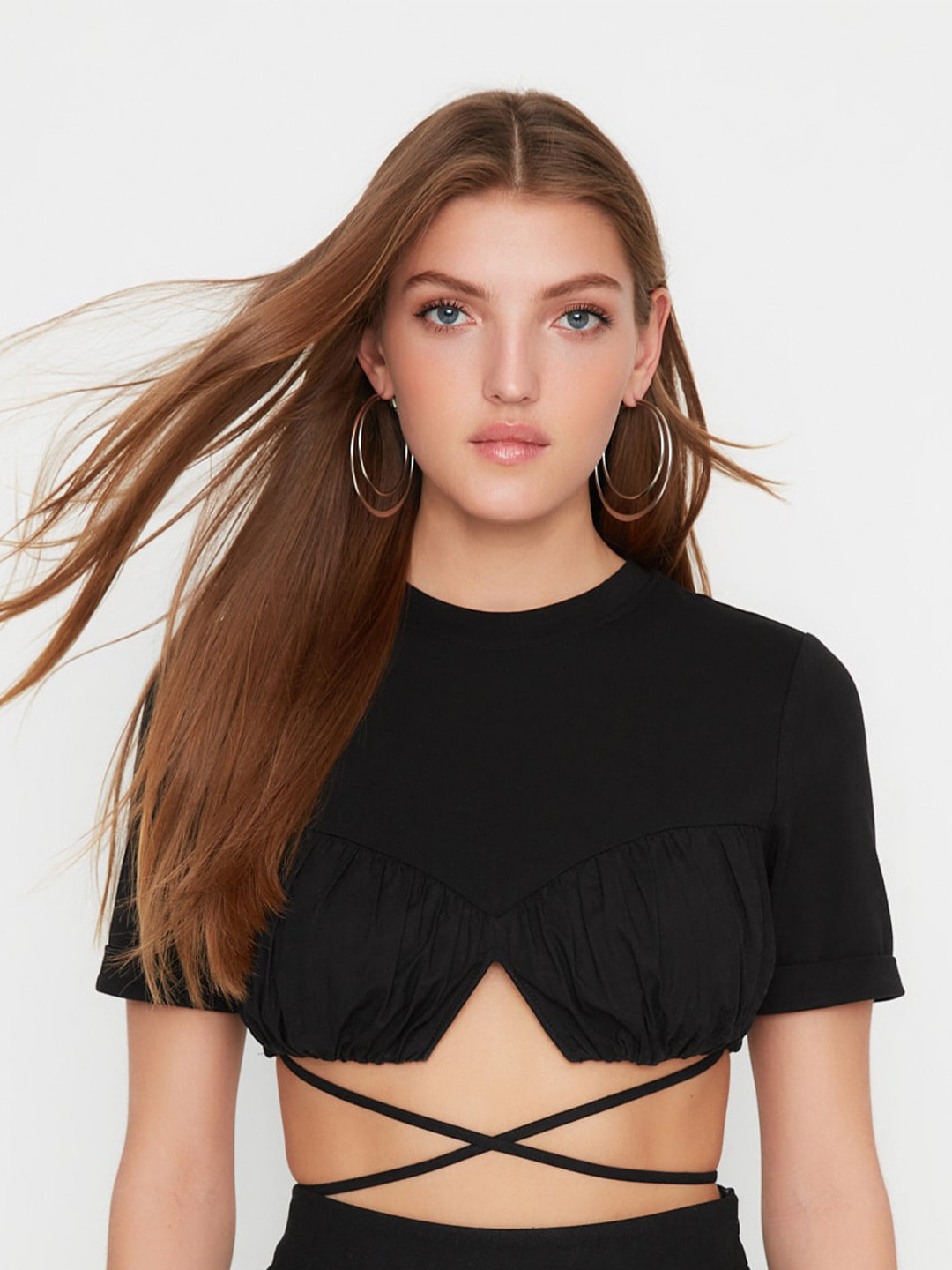 

Trendyol High Neck Waist Tie-Up Detail Cotton Crop Top, Black
