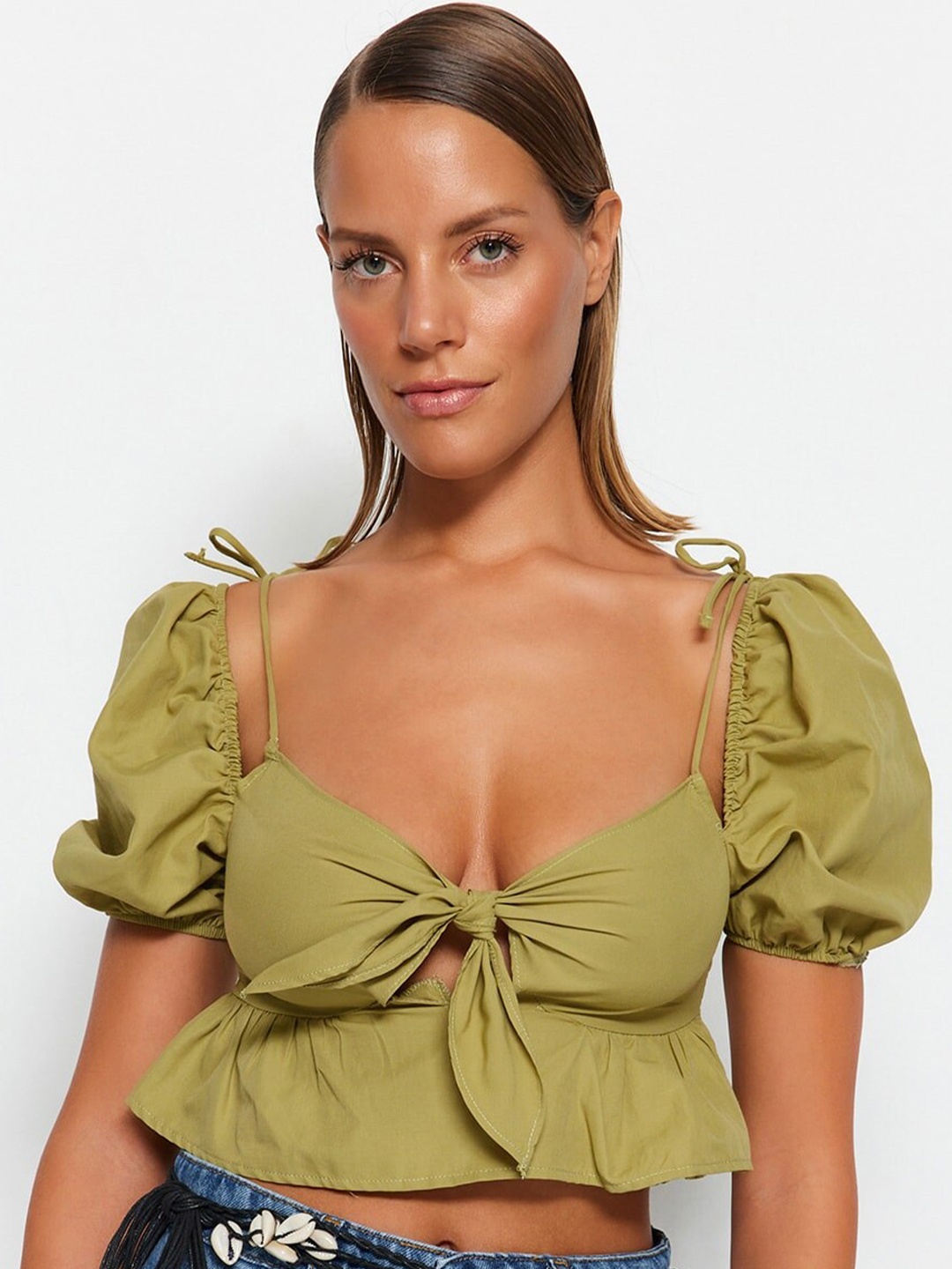 

Trendyol Sweetheart Neck Puff Sleeve Cotton Crop Top, Green