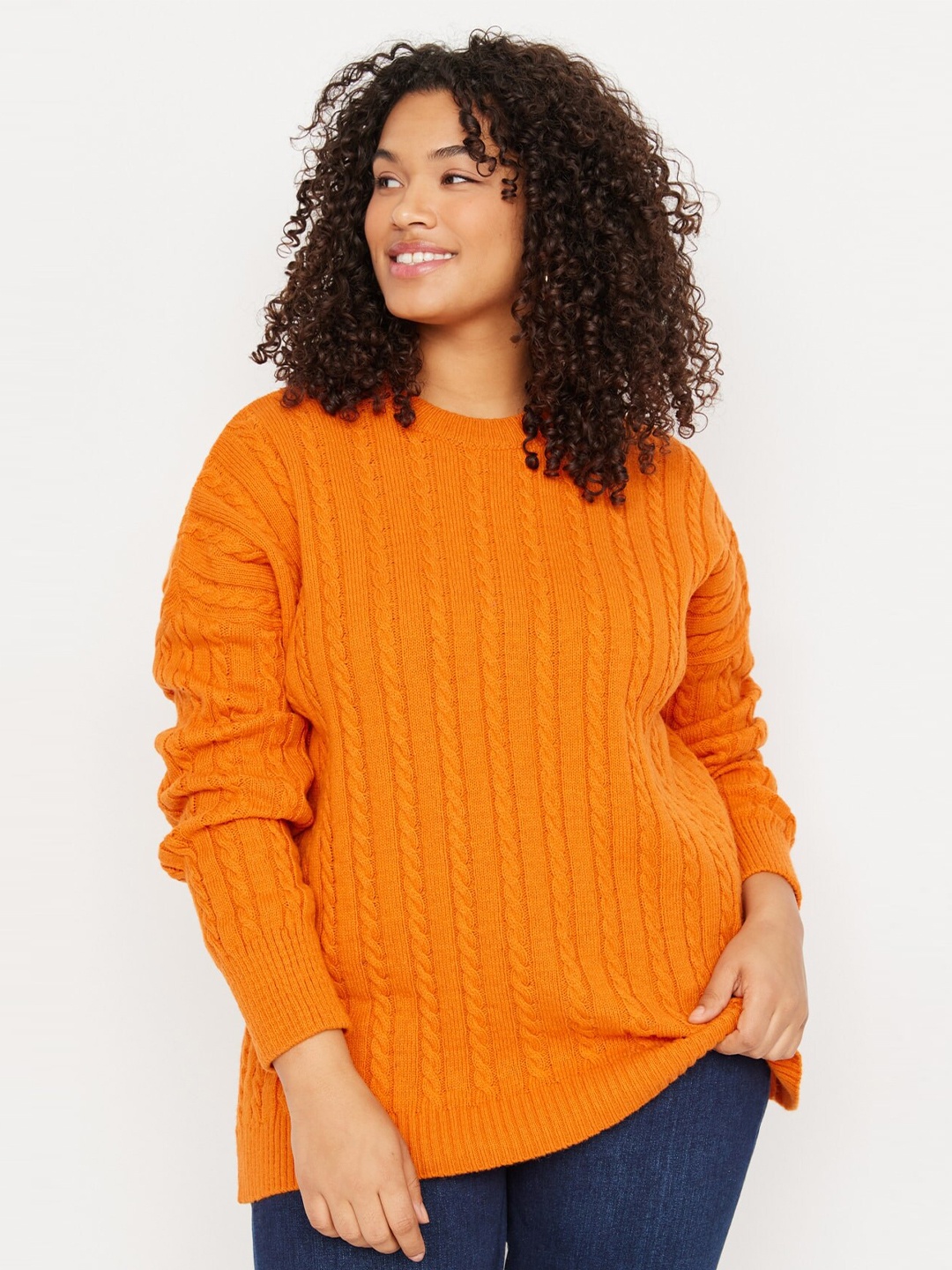 

Trendyol Round Neck Self Design Knitted Top, Orange